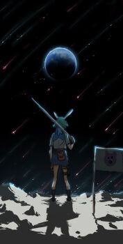 Rule 34 | 1girl, absurdres, animal ears, black socks, blue hair, blue skirt, commentary, earth (planet), flag, from behind, full body, gun, helmet, highres, holding, holding gun, holding weapon, medium hair, moon, musket, on moon, planet, pouch, rabbit ears, reisen (touhou bougetsushou), sendai (nazonomono), shirt, shooting star, skirt, socks, solo, space, standing, touhou, weapon, white shirt