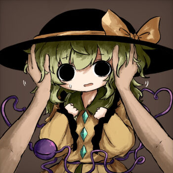 1girl 1other black_eyes black_hat bow brown_background buttons contrast_collar diamond_button frilled_shirt_collar frilled_sleeves frills green_hair hands_on_another&#039;s_head hat hat_bow hat_ribbon heart heart_of_string heripantomorrow komeiji_koishi long_sleeves looking_at_viewer medium_hair motion_lines open_mouth pov ribbon shirt simple_background standing sweatdrop third_eye touhou yellow_bow yellow_ribbon yellow_shirt
