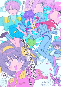 Rule 34 | 2boys, 3girls, :d, asahina mikuru, astronaut, blue hat, blue jacket, blue sailor collar, blue skirt, brown hair, brown shoes, closed eyes, computer, gloves, hair ribbon, hairband, hat, helmet, highres, jacket, kita high school uniform, koizumi itsuki, kyon, laptop, loafers, long hair, looking at another, mecha, military jacket, mochoeru, multiple boys, multiple girls, nagato yuki, open mouth, pink jacket, pleated skirt, purple hair, red hair, red ribbon, ribbon, robot, sailor collar, school uniform, serafuku, shirt, shoes, short hair, short sleeves, skirt, smile, socks, sos brigade, space helmet, sparkle, summer uniform, suzumiya haruhi, suzumiya haruhi no yuuutsu, the day of sagittarius, tongue, translation request, white gloves, white shirt, white socks, yellow hairband, yellow ribbon