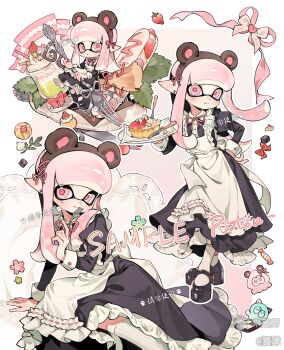 1girl absurdres animal_ear_hairband animal_ears apron bear_ears black_dress black_shoes blunt_bangs brown_hairband cake cake_slice chibi collared_dress dress earrings fake_animal_ears food fork frilled_apron frills hairband hand_on_own_hip highres holding holding_fork holding_plate inkling inkling_girl inkling_player_character jewelry juliet_sleeves long_hair long_sleeves looking_at_viewer maid mihuashi_506932 mihuashi_logo mole mole_under_eye multiple_views neck_ribbon nintendo pantyhose pink_eyes pink_hair pink_ribbon plate pointy_ears puffy_sleeves ribbon sample_watermark shoes sidelocks sleeve_cuffs splatoon_(series) strawberry_cake stud_earrings tentacle_hair watermark white_apron white_pantyhose