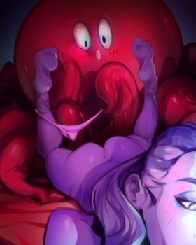 1girl :o animal ass bed blush commentary highres holding holding_phone indoors legs_apart long_hair lying momdadno on_stomach original panties phone ponytail shiny_skin socks teeth tentacles topless_female underwear undressing upper_teeth_only white_panties