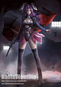 1girl ammunition animal_ears artist_name backlighting black_jacket black_thighhighs bodysuit boots breasts brown_boots cape cartridge_case cleavage cleavage_cutout clenched_teeth clothing_cutout dantewontdie female_focus floodlights full_body gem gloves grin gun h&amp;k_usp handgun heckler_&amp;_koch highres hip_focus holding holding_gun holding_weapon jacket knee_boots large_breasts legs_apart leotard light lights long_hair long_sleeves looking_to_the_side miniskirt navel navel_cutout open_clothes open_jacket parted_lips pink_eyes pink_skirt pistol platform_boots platform_footwear pleated_skirt purple_hair rabbit_ears red_eyes red_gemstone reisen_udongein_inaba shell_casing showgirl_skirt single_glove skin_tight skindentation skirt smile solo standing suppressor taut_clothes teeth thighhighs touhou trigger_discipline turtleneck unworn_gloves watermark wavy_hair weapon web_address wind wind_lift