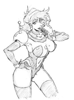 1girl bodysuit breasts cropped_legs earrings g_gundam gloves greyscale gundam hair_between_eyes hairband jewelry kubo_tite_(style) large_breasts looking_at_viewer mecha_pilot_suit mobile_trace_suit monochrome rain_mikamura rakusakugk short_hair simple_background skin_tight smile solo white_background