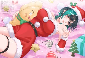 1girl :d absurdres alternate_costume aqua_hair bed_sheet belt black_hair box breasts commentary_request dress fur-trimmed_dress fur-trimmed_headwear fur_trim gift gift_box hat highres hololive hololive_dev_is large_breasts looking_at_viewer lying multicolored_hair on_back open_mouth pom_pom_(clothes) red_dress red_eyes red_hat rindo_chihaya santa_costume santa_dress santa_hat short_dress short_hair smile solo streaked_hair suzuori_fika thigh_strap virtual_youtuber white_streaks