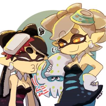 +_+ 2girls alternate_color black_hair bras_d'honneur callie_(splatoon) callie_(squid_sisters_outfit)_(splatoon) inkling jewelry long_hair marie_(splatoon) marie_(squid_sisters_outfit)_(splatoon) mole mole_under_eye multiple_girls napm nintendo splatoon_(series) splatoon_1 squid tentacle_hair
