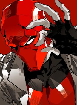 bat_signal batman_(series) batman_symbol black_bodysuit black_gloves bodysuit brown_jacket dc_comics gloves grey_bodysuit guoba7777 jacket jason_todd male_focus mask multicolored_bodysuit muscular muscular_male open_clothes red_hood_(dc) red_hood_and_the_outlaws red_mask superhero_costume taut_bodysuit two-tone_bodysuit