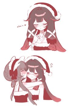 2girls absurdres bi_chya10 blush bonnet bow brown_hair choker columbina_(genshin_impact) dress english_text eye_mask frilled_bonnet frills fur-trimmed_dress fur_trim genshin_impact hashtag-only_commentary hat highres kiss kissing_cheek lace mask multicolored_hair multiple_girls pink_hair puckered_lips sandrone_(genshin_impact) santa_costume santa_hat white_background white_bow