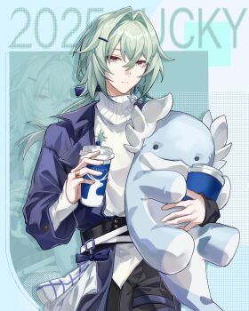 1boy alternate_costume anaxa_(honkai:_star_rail) anxu_bolan black_pants black_shorts character_name chinese_commentary closed_mouth coat commentary_request cosplay cup disposable_cup green_eyes green_hair hair_between_eyes hair_ornament hairclip highres holding holding_cup honkai:_star_rail honkai_(series) jacket jewelry long_hair long_sleeves looking_at_viewer male_focus multicolored_eyes pants phainon_(honkai:_star_rail) phainon_(luckin_coffee)_(honkai:_star_rail) red_eyes ring shirt shorts solo stuffed_animal stuffed_toy sweater turtleneck turtleneck_sweater white_shirt white_sweater zoom_layer