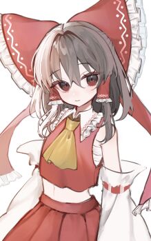 1girl aorin_oekaki ascot bow brown_hair chest_sarashi closed_mouth commentary detached_sleeves frilled_bow frilled_hair_tubes frills hair_bow hair_tubes hakurei_reimu highres long_hair looking_at_viewer midriff navel red_bow red_eyes red_skirt ribbon-trimmed_sleeves ribbon_trim sarashi skirt skirt_set solo touhou yellow_ascot