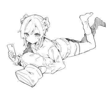 1girl bag blush bow cellphone closed_mouth collared_shirt double_bun dress_shirt full_body greyscale hair_bow hair_bun holding holding_phone ikeuchi_tanuma legs_up long_sleeves lying monochrome multicolored_hair no_shoes on_stomach original phone pillow rije_(ikeuchi_tanuma) shirt shorts simple_background socks solo streaked_hair white_background