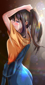 1girl absurdres black_hair blue_overalls blush commentary_request dappled_sunlight highres inoue_takina kakikakilemon long_hair looking_at_viewer looking_to_the_side lycoris_recoil orange_shirt overalls ponytail purple_eyes shirt sunlight