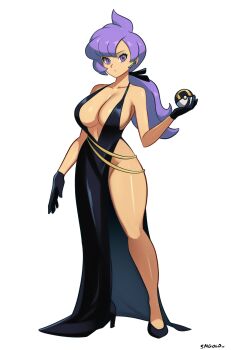 1girl absurdres alternate_breast_size_(larger) alternate_costume anabel_(pokemon) artist_name black_dress black_gloves black_shoes breasts closed_mouth commentary commission dress earpiece english_commentary full_body gloves high_heels highres holding holding_poke_ball long_hair looking_at_viewer nintendo plunging_neckline poke_ball pokemon pokemon_sm purple_eyes purple_hair shoes side_slit sideboob sleeveless sleeveless_dress smgold solo standing ultra_ball white_background