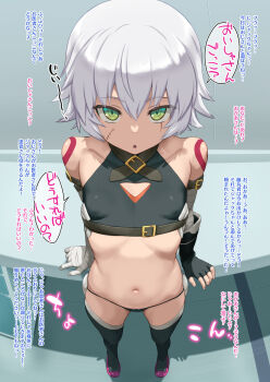 1girl bandaged_arm bandages bare_shoulders black_gloves black_panties black_sports_bra black_thighhighs breasts facial_scar fate/apocrypha fate/grand_order fate_(series) fingerless_gloves full_body gloves green_eyes hair_between_eyes highres jack_the_ripper_(fate/apocrypha) loli looking_at_viewer navel open_mouth panties purple_shoes scar scar_across_eye scar_on_cheek scar_on_face shoes short_hair shoulder_tattoo single_glove small_breasts solo sports_bra sugoihi tattoo thighhighs translation_request underwear white_hair