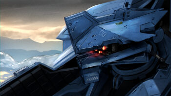 armored_core glowing glowing_eyes hazard_stripes head mecha mountains no_humans pistons robot secret_level_(series) skies