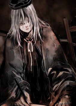 Rule 34 | 1girl, black hat, commentary request, dark souls (series), dark souls iii, dress, easel, grey dress, hat, holding, holding paintbrush, lips, long hair, paintbrush, painting woman (dark souls), solo, umeyama (toma23), upper body, white hair