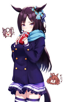 Rule 34 | 3girls, absurdres, animal ears, bandaid, bandaid on finger, bandaid on hand, black hair, black tail, blazer, blue bow, blue coat, blue scarf, blush, bow, box, brown hair, buttons, chibi, chibi inset, closed mouth, coat, commentary request, double-breasted, ear ornament, enpera, frilled skirt, frills, gift, gift box, hair ornament, hairclip, highres, hinoaki, holding, holding box, holding gift, horse ears, horse girl, horse tail, jacket, long hair, long sleeves, looking at viewer, mejiro bright (umamusume), mejiro dober (umamusume), mejiro ryan (umamusume), multiple girls, pleated skirt, purple eyes, purple skirt, purple thighhighs, scarf, school uniform, simple background, skirt, solo focus, tail, thighhighs, thighs, tracen school uniform, tracen winter coat, umamusume, white background, zettai ryouiki