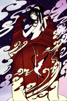 00s black_hair blunt_bangs clamp cloud colorized derivative_work highres hime_cut ichihara_yuuko japanese_clothes kimono red_eyes solo vector_trace xxxholic