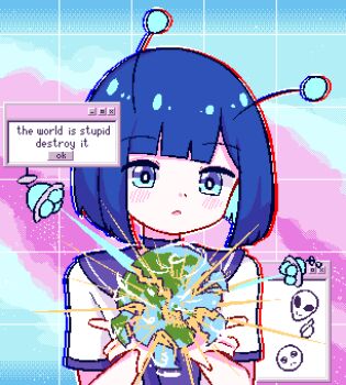 Rule 34 | 1girl, :<, alien, antennae, aqua background, aqua eyes, aqua hair, beam weapon, blue choker, blue hair, blue neckerchief, blue outline, blue sailor collar, blue skirt, blunt bangs, blunt ends, blush, bob cut, breasts, bright pupils, broken, chibikki, choker, chromatic aberration, close-up, closed mouth, collarbone, collared shirt, colored inner hair, destroyed, dialogue box, dithered background, dithering, dot mouth, dress shirt, earth (planet), english text, explosion, firing, frown, gradient background, grey alien, grid, grid background, holding planet, looking at viewer, multicolored hair, nanako (chibikki), neckerchief, original, outline, parted lips, pink background, pixel art, planet, pleated skirt, red outline, sailor collar, school uniform, serafuku, shirt, short hair, short sleeves, simple background, skirt, small breasts, socks, solo, two-tone hair, ufo, upper body, user interface, white pupils, white shirt, white socks