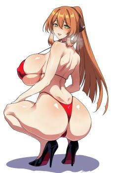 1girl absurdres ass back bikini black_shoes blush breasts commentary_request covered_erect_nipples curvy double-parted_bangs from_behind full_body girls&#039;_frontline green_eyes hair_between_eyes heavy_breathing high_heels highres huge_breasts korean_commentary long_hair looking_at_viewer looking_back open_mouth orange_hair red_bikini shiny_skin shoes simple_background smile solo springfield_(girls&#039;_frontline) squatting string_bikini sweat swimsuit wessidesuyo white_background