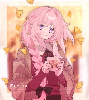 1girl alternate_costume border braid brown_coat character_name coat commentary_request cup diamond-shaped_pupils diamond_(shape) elf elysia_(honkai_impact) falling_leaves highres holding holding_cup honkai_(series) honkai_impact_3rd kanaria_(mint_tea1256) leaf long_braid long_hair looking_at_viewer pink_hair pointy_ears purple_eyes red_sweater single_braid smile solo sweater symbol-shaped_pupils very_long_hair white_border
