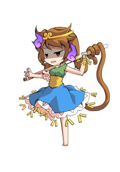 Rule 34 | 1girl, barefoot, blue skirt, breasts, brown hair, chibi, chibi only, circlet, commentary request, dairi, full body, green shirt, holding, holding test tube, large variant set, low twintails, medium hair, monkey tail, red eyes, shirt, simple background, skirt, solo, son biten, standing, standing on one leg, tachi-e, tail, test tube, touhou, transparent background, twintails, variant set