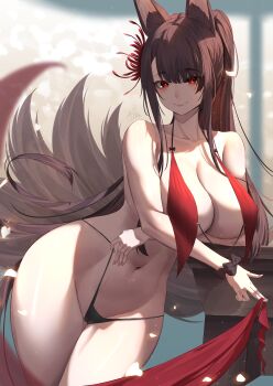 1girl absurdres akagi_(azur_lane) akagi_(paradise_amaryllis)_(azur_lane) animal_ears annasui_factory azur_lane bikini black_bikini breasts brown_hair collarbone commentary cowboy_shot english_commentary fox_ears fox_girl fox_tail highres huge_breasts kitsune leaning_to_the_side long_hair looking_at_viewer making-of_available multiple_tails navel official_alternate_costume paid_reward_available ponytail red_eyes scrunchie signature smile solo swimsuit tail wrist_scrunchie