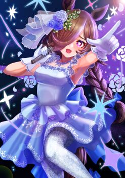 1girl alternate_costume arm_up armpits braid braided_ponytail breasts cleavage commentary_request dress ear_ornament flower frilled_dress frills hair_over_one_eye highres holding holding_microphone horse_girl lace lace_pantyhose long_hair microphone otono_(bkt4b) pantyhose pointing pointing_at_viewer purple_flower purple_rose rice_shower_(umamusume) rose small_breasts smile solo sparkle standing symbol-shaped_pupils umamusume very_long_hair wedding_dress white_dress white_pantyhose