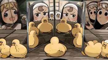 3girls :d baby_animal bird black_eyes blonde_hair blue_eyes brown_eyes brown_hair bunny_nun_(diva) chalkboard chicken clumsy_nun_(diva) commentary diva_(hyxpk) duck duckling english_commentary froggy_nun_(diva) grey_hair hair_ornament highres holding holding_photo little_nuns_(diva) mirror multiple_girls multiple_reflections nun open_mouth photo_(object) rabbit_hair_ornament smile sweat traditional_nun triangle_mouth