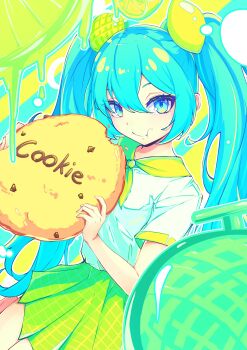 1girl absurdres alternate_costume blue_eyes blue_hair closed_mouth commentary cookie cowboy_shot double-parted_bangs eating food food_bite green_skirt hair_between_eyes hair_ornament hatsune_miku highres holding holding_cookie holding_food karan_koron100 lemon_melon_cookie_(vocaloid) long_hair looking_at_viewer miniskirt shirt short_sleeves skirt solo twintails vocaloid white_shirt