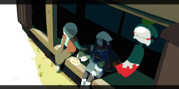 2girls akari_(pokemon) black_border black_hair black_pantyhose black_sash blue_coat blue_shirt border chimecho coat eating galaxy_expedition_team_survey_corps_uniform gen_2_pokemon gen_3_pokemon grey_eyes grey_fur grey_pants headscarf isutai leg_warmers long_hair multiple_girls nintendo old old_woman pants pantyhose pokemon pokemon_(creature) pokemon_legends:_arceus ponytail quilava red_eyes red_scarf red_vest sash scarf shirt sidelocks sitting vest white_hair white_headscarf white_leg_warmers yellow_fur