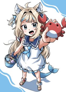 Rule 34 | 1girl, :d, ahoge, animal ear fluff, animal ears, blonde hair, blue background, blue eyes, blue hair, blush, cat ears, commentary, crab, dress, fang, fins, fish girl, fish tail, full body, highres, holding, hya0128, indie virtual youtuber, kaniki (sameko saba), lifebuoy hair ornament, long hair, looking at viewer, low twintails, multicolored hair, open mouth, sailor collar, sailor dress, sameko saba, sandals, shark tail, shell, sleeveless, sleeveless dress, smile, solo, standing, streaked hair, stuffed animal, stuffed toy, tail, twintails, two-tone background, virtual youtuber, white background, white dress