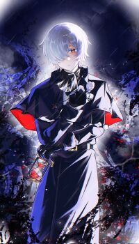 1boy albino andrew_kreiss ascot belt black_ascot black_belt black_capelet black_gloves black_robe capelet cowboy_shot cross cross_necklace cross_scar floating_clothes gloves hair_over_one_eye half-closed_eyes head_tilt highres hourglass identity_v jewelry looking_at_viewer male_focus necklace parted_lips robe scar scar_on_face short_hair solo spot_color wansui5134 white_hair