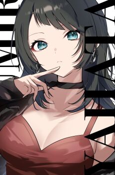 1girl arm_at_side bang_dream! bang_dream!_it's_mygo!!!!! black_choker black_hair black_jacket blue_eyes breasts camisole character_name choker closed_mouth earrings finger_to_own_chin hand_up hashtag-only_commentary highres houji_tea_latte jacket jewelry long_hair long_sleeves looking_at_viewer medium_breasts open_clothes open_jacket red_camisole simple_background single_bare_shoulder single_off_shoulder sleeves_past_wrists solo upper_body white_background yahata_umiri