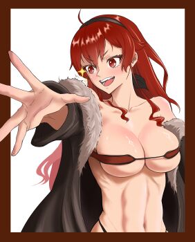 1girl breasts cleavage coat cosplay eris_greyrat fang ghislaine_dedoldia highres large_breasts long_hair midriff mushoku_tensei navel open_clothes open_coat open_mouth red_eyes red_hair smile solo sparkle strapless teeth thong tongue tube_top underboob