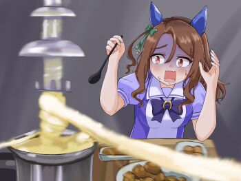 1girl animal_ears blurry blurry_foreground bow bowtie brown_hair ear_covers fondue green_bow hair_bow highres holding holding_polearm holding_weapon horse_ears horse_girl king_halo_(umamusume) long_hair meme one_side_up panicking polearm puffy_short_sleeves puffy_sleeves purple_bow purple_bowtie purple_shirt sailor_collar sailor_shirt school_uniform shirt short_sleeves sidelocks sideways_glance summer_uniform sweatdrop tasty_hoon_cheese_fondue_(meme) tracen_school_uniform umamusume upper_body weapon white_sailor_collar yashimo_1875 you're_doing_it_wrong