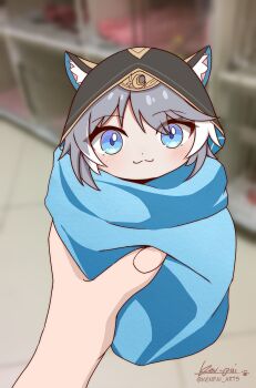 :3 absurdres animal_ear_fluff animal_ears animal_hood blanket blue_eyes burrito cat_ears cat_girl cat_hood chibi cipher_(honkai:_star_rail) commentary english_commentary grey_hair highres holding honkai:_star_rail honkai_(series) hood ken-pai_(kenpai_arts) light_blush meme watermark white_streaks