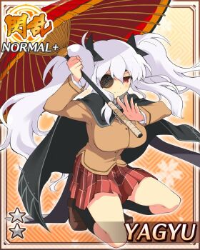 1girl black_cape black_socks breasts brown_jacket cape eyepatch frown game_cg holding holding_umbrella jacket kneeling large_breasts long_hair non-web_source official_alternate_costume official_art oil-paper_umbrella plaid_clothes plaid_skirt red_eyes red_skirt senran_kagura senran_kagura_new_wave shuriken shuriken_hair_ornament sidelocks skirt socks solo twintails umbrella very_long_hair wavy_hair weapon white_hair yagyu_(senran_kagura)