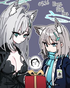 2girls :/ absurdres ahoge animal_ear_fluff animal_ears aqua_scarf black_choker black_dress black_jacket blue_archive blue_jacket box breasts choker collarbone commentary cross_hair_ornament dated dress dual_persona extra_ears gift gift_box grey_hair hair_ornament halo happy_birthday highres id_card jacket large_breasts long_hair looking_at_object medium_hair mismatched_pupils multiple_girls neophyte outline plunging_neckline scarf school_uniform shared_speech_bubble shiroko_(blue_archive) shiroko_terror_(blue_archive) shirt simple_background speech_bubble spoken_character straight_hair very_long_hair white_outline white_shirt wolf_ears