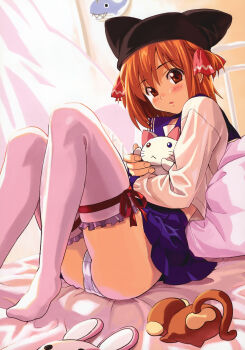 1girl absurdres animal_hat bed blush brown_eyes brown_hair cat cat_hat curtains female_focus hat highres hugging_doll hugging_object looking_at_viewer monkey original panties pantyshot phonecard pillow rabbit ribbon scan school_uniform sitting solo stuffed_animal stuffed_cat stuffed_toy takeda_hiromitsu thighhighs underwear white_thighhighs