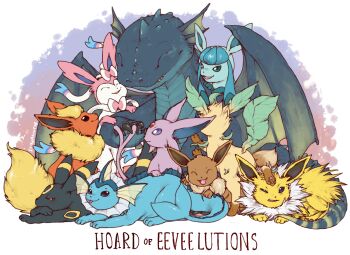 Rule 34 | ^ ^, artist name, blue eyes, blue scales, border, closed eyes, closed mouth, commentary, commission, dragon, eevee, english commentary, espeon, flareon, full body, gen 1 pokemon, gen 2 pokemon, gen 4 pokemon, gen 6 pokemon, glaceon, gradient background, half-closed eyes, happy, iguanamouth, jolteon, leafeon, looking at viewer, nintendo, no humans, open mouth, pikachu, pile, pink background, pokemon, pokemon (creature), purple background, purple eyes, red eyes, sitting, sylveon, umbreon, vaporeon, white border