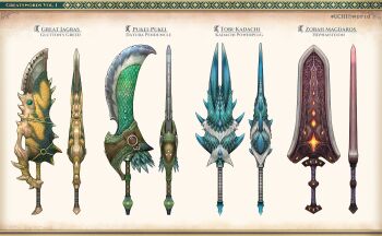 absurdres artist_name blue_scales bone character_name chipped_sword concept_art english_text feathers gradient_background great_jagras greatsword green_feathers green_scales highres monster_hunter:_world monster_hunter_(series) multicolored_feathers multicolored_scales no_humans rope screw spikes sword tobi-kadachi uchi_vs_the_world weapon weapon_name white_fur yellow_scales zorah_magdaros