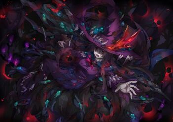 1girl ascot black_hair black_sclera blood blue_cape blue_gemstone breasts brooch cape check_copyright colored_sclera copyright_request debris dress extra_mouth floating floating_hair full_body gem glowing green_gemstone hair_over_eyes hat hat_ornament jewelry large_breasts liquid long_hair long_sleeves monster_girl multicolored_hair open_mouth original outstretched_arms purple_dress purple_hair purple_hat purple_theme ramuya_(lamb) reaching reaching_towards_viewer red_ascot red_eyes scared solo streaked_hair taut_clothes torn_clothes torn_hat witch_hat