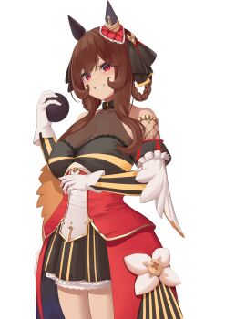 1girl animal_ears ball braid braided_hair_rings breasts brown_hair commentary_request cowboy_shot ear_covers ear_ornament gentildonna_(regina_dei_fiori)_(umamusume) gentildonna_(umamusume) gloves gold_trim hair_rings heart-shaped_ornament heart_ear_ornament highres holding holding_ball horse_ears horse_girl horse_tail large_breasts long_hair looking_at_viewer mashiro03 metal_ball red_eyes see-through_cleavage see-through_clothes sidelocks simple_background smile solo tail thighs umamusume white_gloves