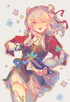 1girl ;d bandaid bandaid_on_cheek bandaid_on_face bell belt black_dress blue_belt blue_eyes chinese_commentary commentary_request dress enderrabbit flower grey_background hair_bell hair_ornament hair_ribbon hand_on_own_hip highres honkai:_star_rail honkai_(series) layered_sleeves long_sleeves march_7th_(honkai:_star_rail) march_7th_(hunt)_(honkai:_star_rail) medium_hair one_eye_closed open_mouth pink_hair red_ribbon ribbon salute short_over_long_sleeves short_sleeves shuangyaji simple_background smile solo star_(symbol) two-finger_salute