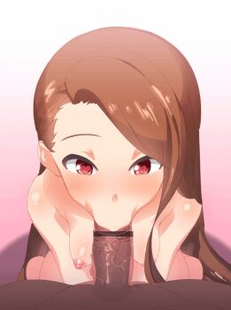 Rule 34 | 1boy, 1girl, :>=, animated, animated gif, bad id, black bar, blush, breasts, brown hair, censored, fellatio, hanon (heartofsword), heart, heart-shaped pupils, hetero, idolmaster, idolmaster (classic), interracial, long hair, minase iori, nipples, nude, oral, penis, pov, red eyes, smegma, symbol-shaped pupils