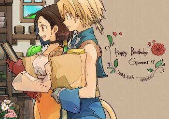 1boy 1girl aqua_eyes aqua_vest bag barrel black_choker blonde_hair blue_pants blue_wrist_cuffs bodysuit book bottle breasts brown_background brown_eyes brown_hair cat_tail character_name choker cropped_vest dated final_fantasy final_fantasy_ix garnet_til_alexandros_xvii gloves grey_gloves happy_birthday holding holding_book lettuce low_ponytail medium_breasts open_mouth orange_bodysuit pants parted_lips ponytail potato red_gloves shirt shopping_bag short_hair smile tail takase_toho twitter_username upper_body vest white_shirt wrist_cuffs zidane_tribal
