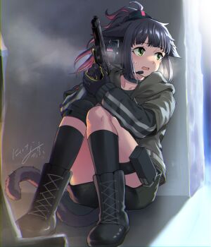 1girl arknights black_boots black_choker black_gloves black_hair black_socks boots choker commentary full_body gloves green_eyes gun handgun headset holding holding_gun holding_weapon hood hood_down jessica_(arknights) knee_boots kneehighs layered_sleeves long_sleeves looking_to_the_side multicolored_hair nervous niina_ryou open_mouth pink_hair pouch short_hair short_over_long_sleeves short_sleeves sitting socks solo streaked_hair sweatdrop tail thigh_pouch thigh_strap trigger_discipline weapon