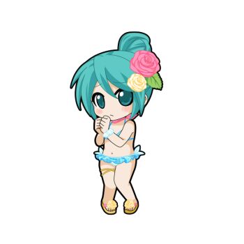 Rule 34 | 1girl, aqua eyes, aqua hair, bandana, bandana around neck, bikini, black outline, blue bikini, blue scrunchie, blush, chibi, chibi only, closed mouth, flower, footwear flower, frilled bikini, frills, frown, full body, game asset, hair between eyes, hair bun, hair flower, hair ornament, hands up, hatsune miku, hatsune miku graphy collection, looking at viewer, navel, outline, own hands together, pink bandana, pink flower, pink rose, rose, sandals, scrunchie, shy, side-tie bikini bottom, single hair bun, solo, standing, stomach, swimsuit, thigh strap, transparent background, vocaloid, wrist scrunchie, yellow flower, yellow rose