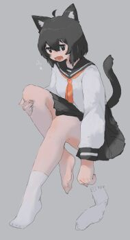 Rule 34 | 1girl, :o, ahoge, animal ear fluff, animal ears, ascot, black collar, black eyes, black hair, black skirt, black trim, cat ears, cat girl, cat tail, collar, commentary request, double-parted bangs, fang, grey background, hair between eyes, highres, holding own leg, long sleeves, naka (buttergirl 02), open mouth, orange ascot, original, partial commentary, pleated skirt, puffy long sleeves, puffy sleeves, sailor collar, school uniform, serafuku, shirt, simple background, single sock, sitting, skirt, socks, solo, struggling, tail, unworn socks, white shirt, white socks
