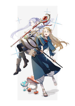 2girls black_leggings blonde_hair blue_capelet blue_robe boots braid brown_footwear capelet choker dungeon_meshi earrings elf frieren green_eyes grey_hair highres holding holding_staff hood hooded_capelet jewelry leggings long_hair long_sleeves marcille_donato multiple_girls open_mouth pointy_ears red_choker robe shirt side_braid sousou_no_frieren staff striped_clothes striped_shirt teardrop_earrings twintails w55674570w walking_mushroom_(dungeon_meshi) white_capelet